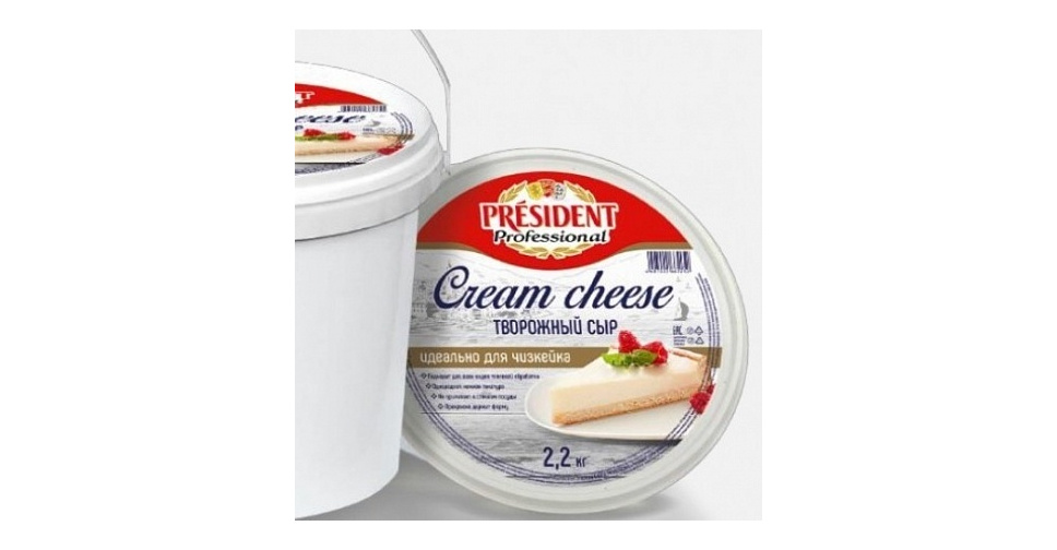 Творожный сыр для крема чиз фото. Сыр творожный сливочный Cream Cheese professional 65% President 2,2 кг.