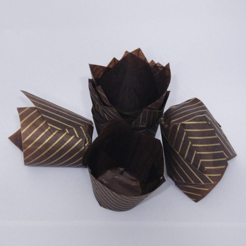 Бумажная форма "Тюльпан" для маффина, темно-коричневая- золотые линии - 50 шт
