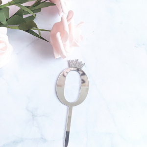 Акриловый топпер с короной цифра "0" серебро 