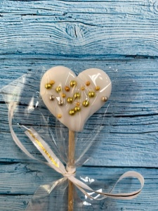 Леденец топпер "Сердце"Белое с золотыми посыпкой 3см