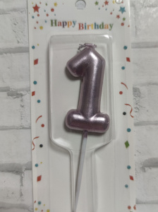 Свеча для торта "1" розовая металик