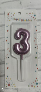 Свеча для торта "3" розовая металик